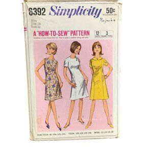 Simplicity 6392 Vintage Sewing Pattern Misses Dress Size 18 60s